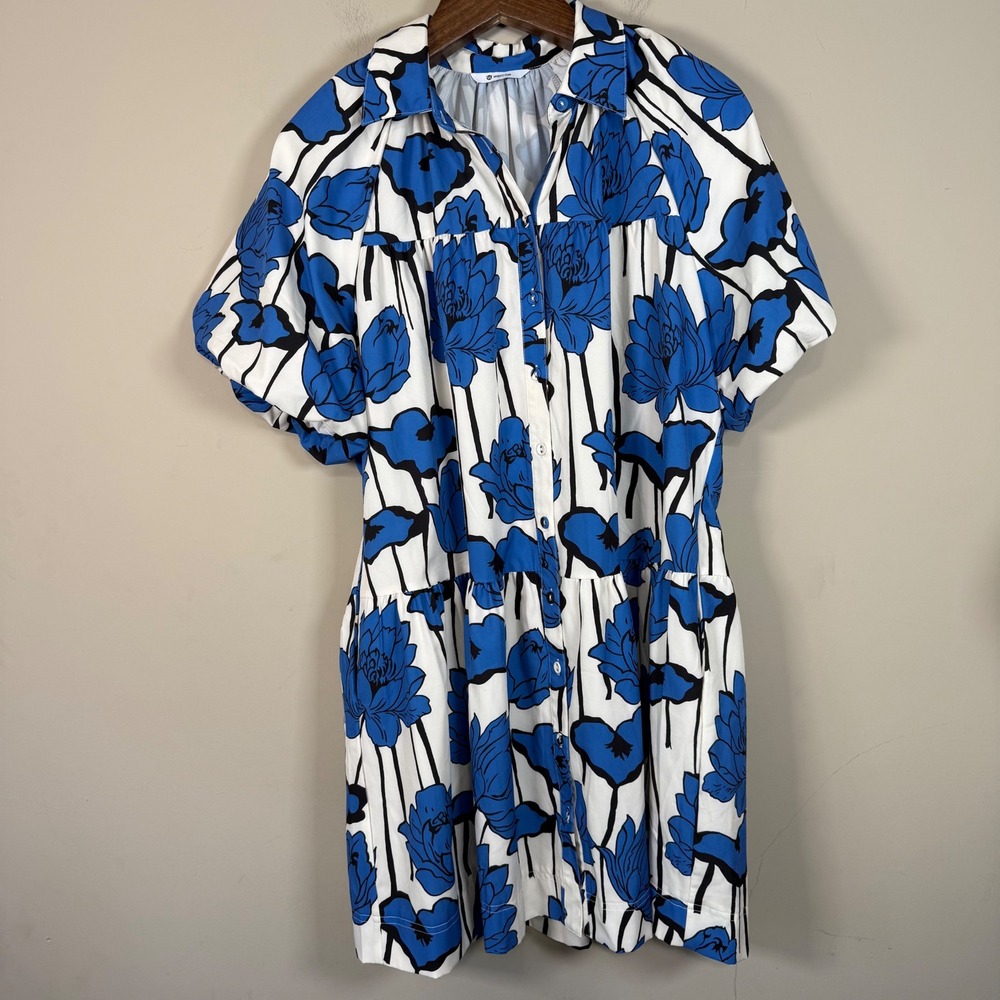 Wenrine Blue/White Floral Bubble Sleeve Tiered Shirt Dress Large